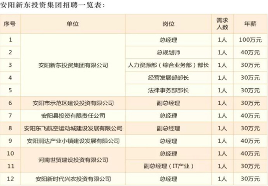 河南安阳新东投资集团招聘一览表