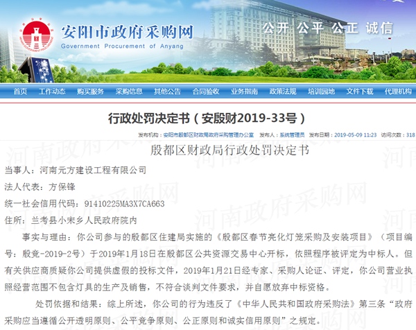 公告！河南元方建设工程公司投标文件遭质疑作假被罚
