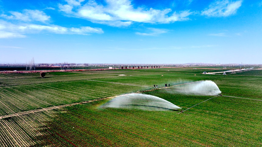 河南鹤壁市浚县高标准农田内正在进行浇水作业。张书凯摄