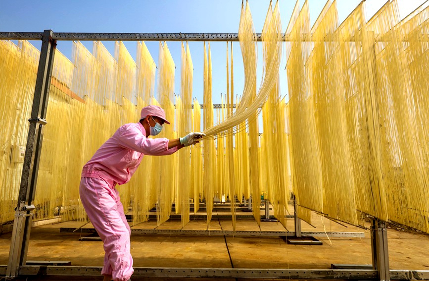 11月17日，河南信陽光山縣劉保華油條挂面作坊裡，村民正在制作晾晒傳統手工油條挂面。謝萬柏攝