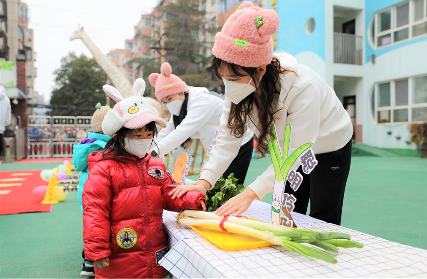 郑州铁路幼儿园开学第一天，小朋友们和老师一起摸芹菜、摸大葱，寓意这新的学期聪明伶俐、勤奋好学。许伟摄