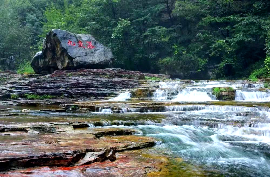 瀑布與青山、草木相映成趣，宛如一幅靈動美麗的山水畫卷。武龍飛攝