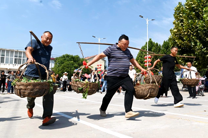 沁阳市西万镇村民在趣味运动环节进行挖红薯、挑担运红薯、玉米脱粒等趣味项目比赛，喜迎农民丰收节的到来。杨帆摄