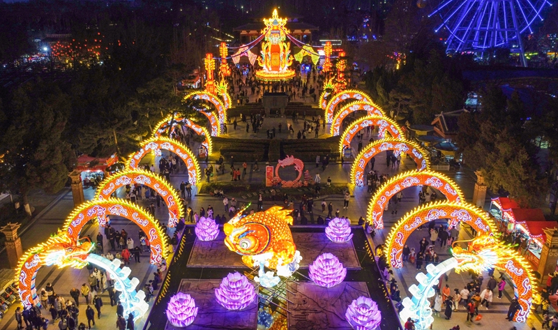 游客在河南省洛阳市王城公园迎春灯会上欣赏各类花灯。黄政伟摄