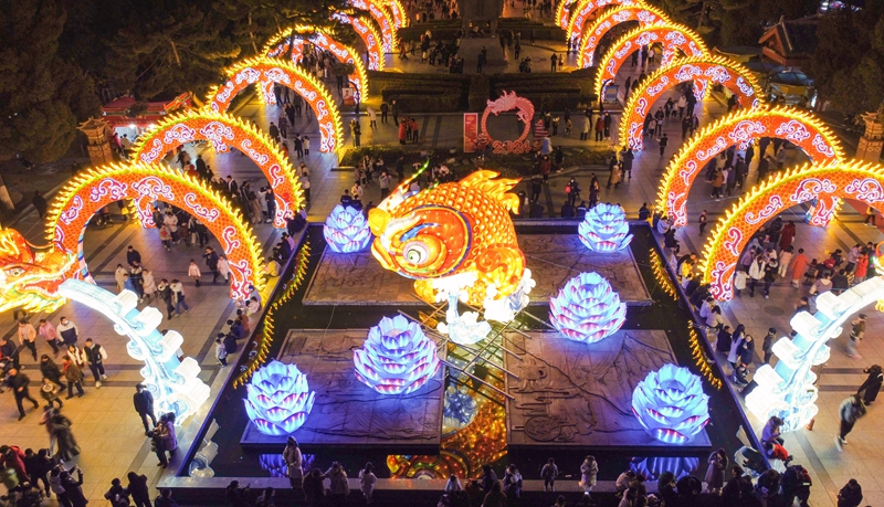 游客在河南省洛阳市王城公园迎春灯会上欣赏各类花灯。黄政伟摄