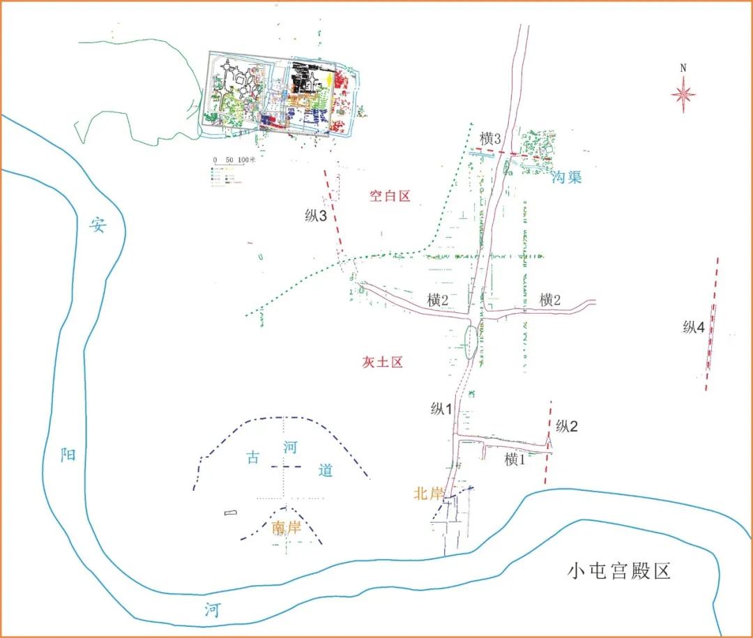 洹河北岸晚商道路分布图。河南省文物考古研究院供图