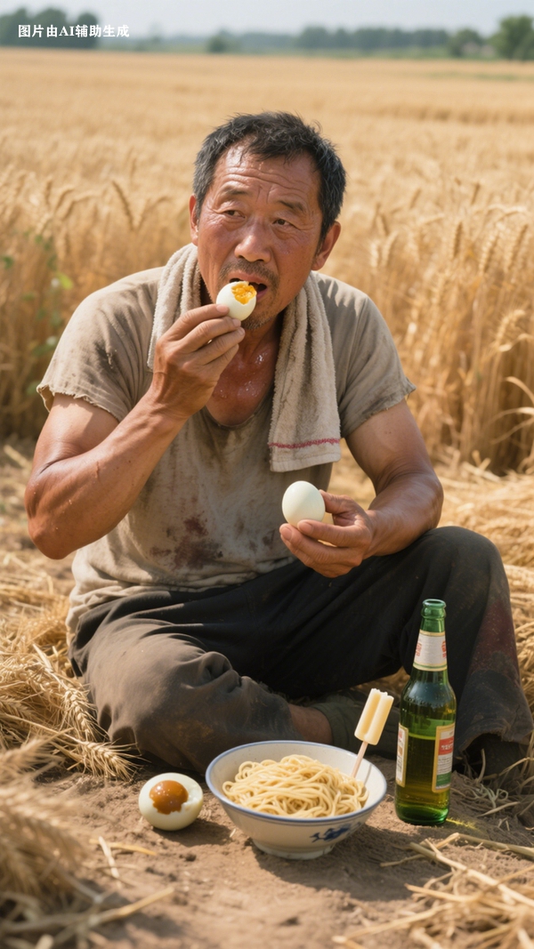AI以前收麦时，农民午餐吃面条、鸡蛋、喝啤酒的场景。侯琳琳AI训练_副本