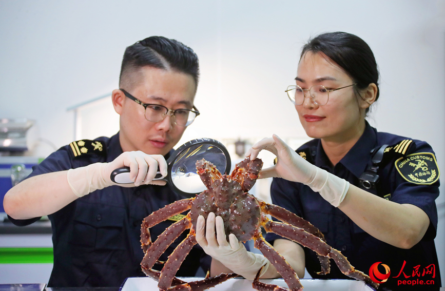 海关工作人员对货物进行查验。人民网 霍亚平摄