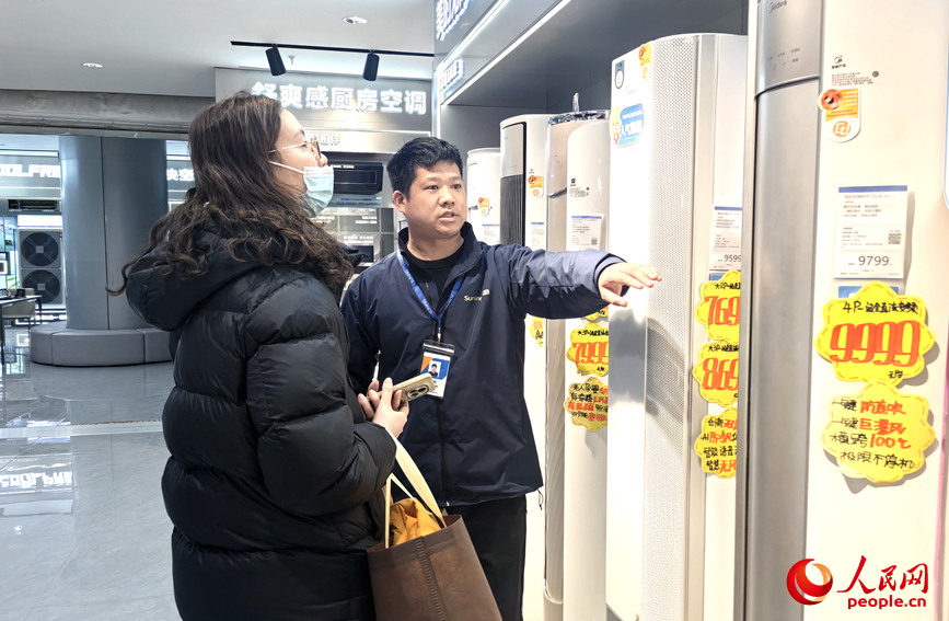 郑州一家电卖场内，销售人员向顾客介绍产品。人民网记者 辛静摄