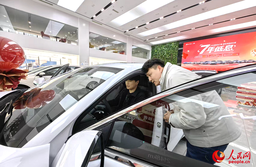 郑州一汽车4S店内，销售人员向顾客介绍车型。人民网记者 辛静摄