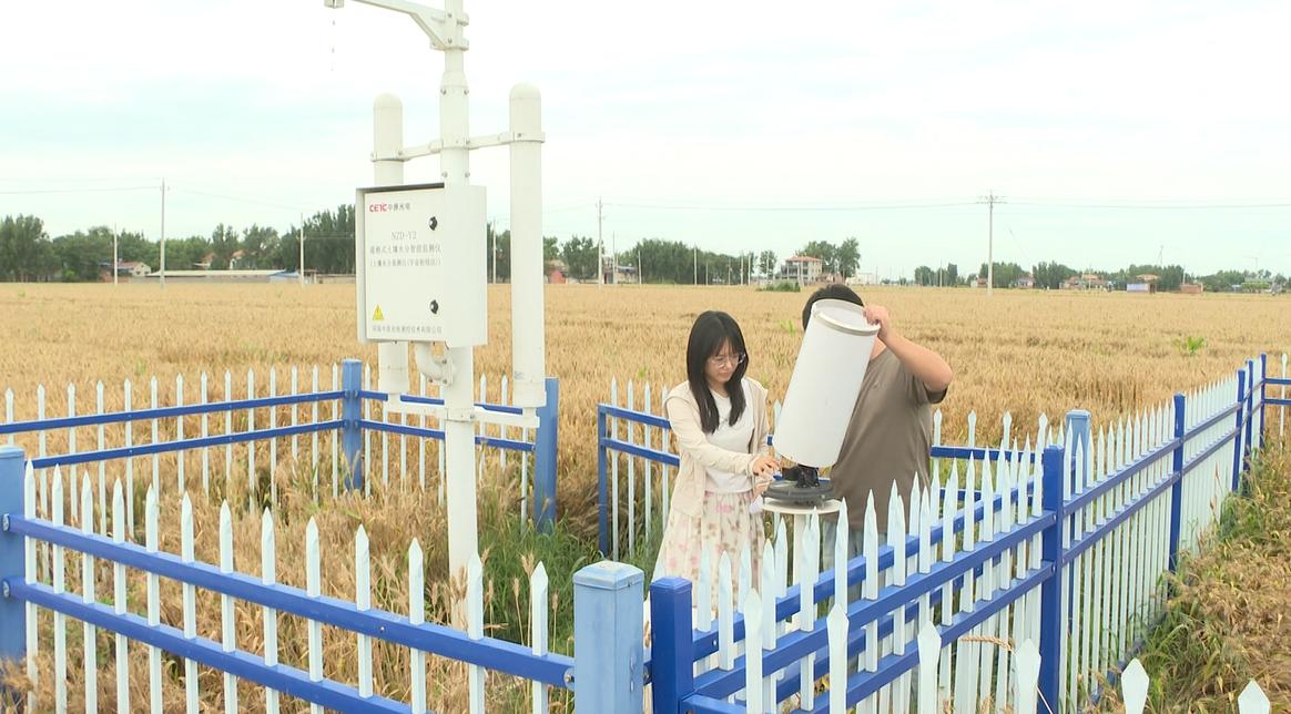 工作人员在田间地头开展气象服务。高育明摄