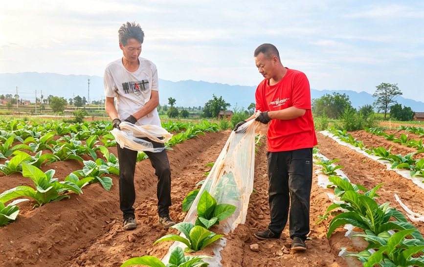 煙農正在煙田開展揭膜作業，通過田間清潔生產助力煙葉產業綠色發展。何朋攝
