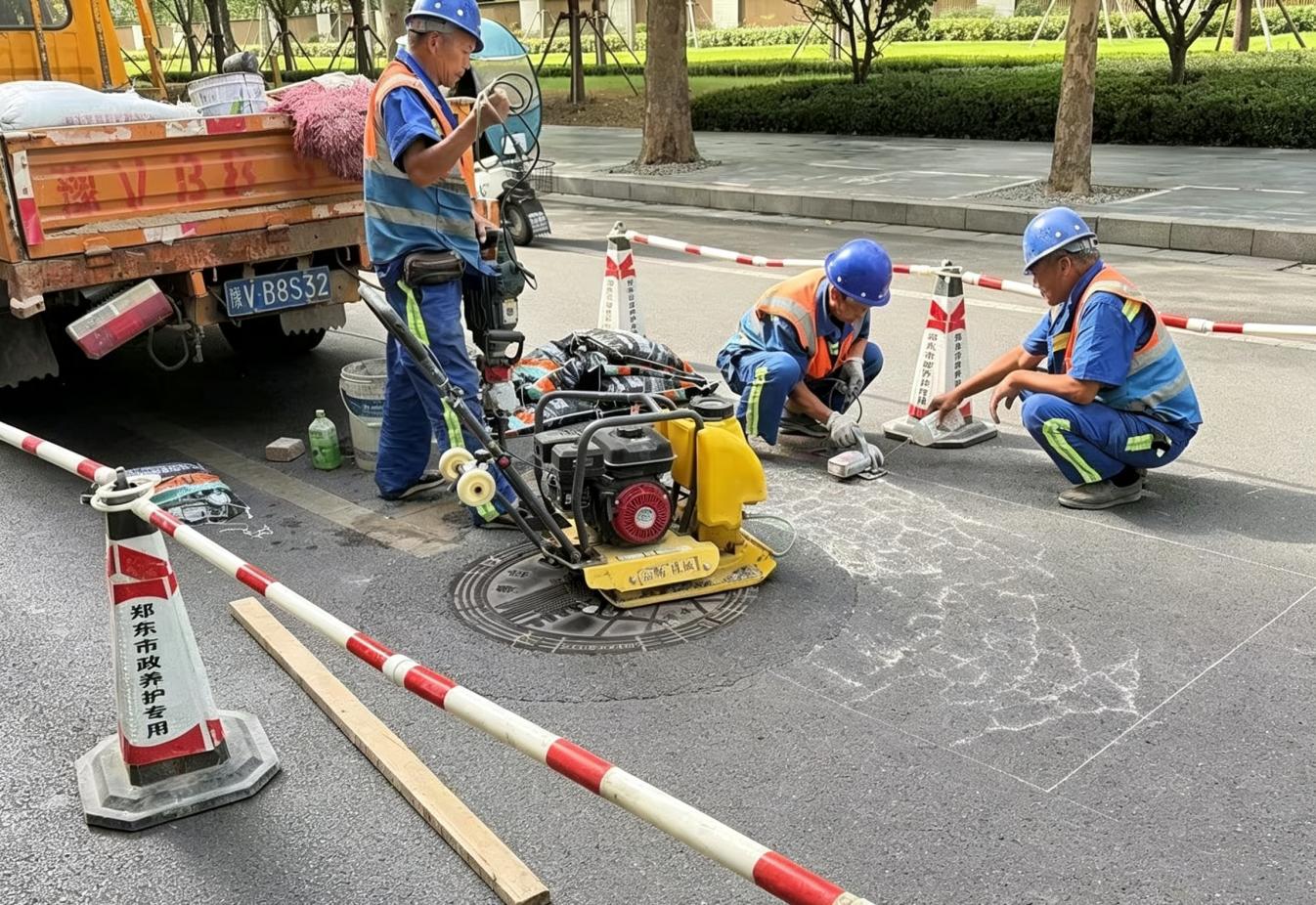 市政管养工作人员修缮七里河北路龟裂路面。朱浩凯摄