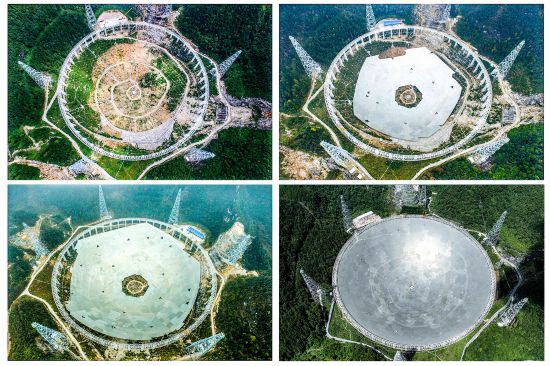 拼版照片：左上为“中国天眼”拼装第一块反射面板（无人机照片，2015年8月2日摄）；右上为“中国天眼”反射面板安装近半（无人机照片，2015年12月16日摄）；左下为“中国天眼”反射面板安装近八成（无人机照片，2016年3月9日摄）；右下为2022年7月21日拍摄的“中国天眼”全景（无人机照片，维护保养期间拍摄）。