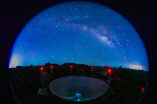 银河下的“中国天眼”全景（2022年7月24日维护保养期间鱼眼镜头拍摄）。