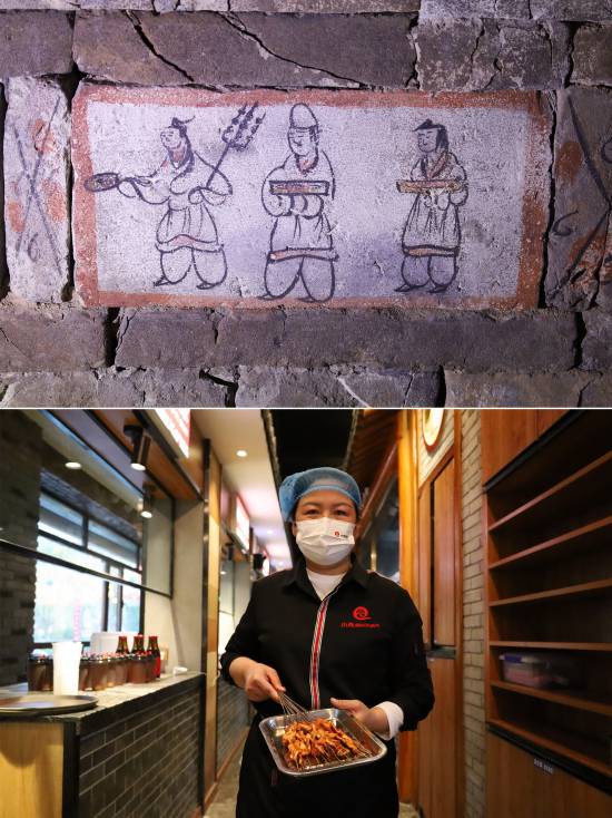 拼版照片：上图为嘉峪关魏晋墓六号墓的画像砖展现仆人将烤好的肉端上桌的场景（5月13日摄）：下图为嘉峪关市一家烤肉店的服务员为顾客上菜（5月12日摄）。新华社记者 马希平 摄
